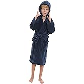 Hooded Herringbone Boy's Fleece Soft Spa Kimono Long Robe, Kids Comfy Sleepwear Bathrobe