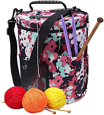 Chifans Print flower Knitting Bag Yarn Storage Bag Organizer Canvas Large Yarn Storage Tote for Storage Knitting Accessories and Crochet Hooks