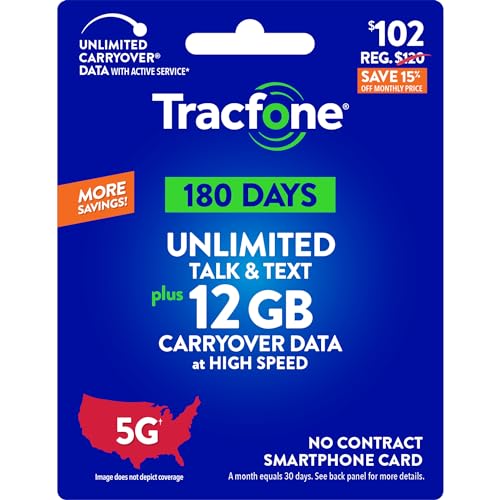 Tracfone $102 Unlimited Talk & Text Plus 12 GB of Data 180-Day Prepaid Plan(Physical Delivery)