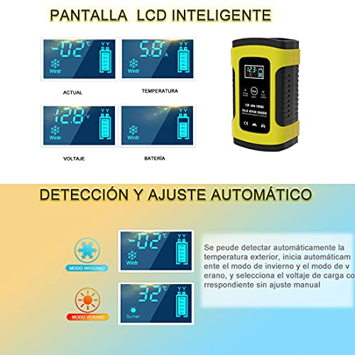 DQST Cargador de Bateria de Auto 12V 6A con LCD Pantalla, Ajuste Inteligente de Corriente para Cargar y Proteger La Batería. Aplicado a Coche, Motocicleta, SUV. | Ajuste Inteligente de Corriente para Cargar y Proteger La Batería. Aplicado a Coche, Motocicleta, SUV.