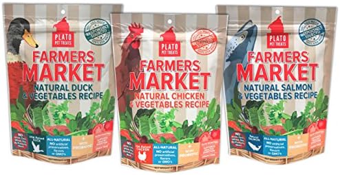 Plato Farmer's Market Grain Free Dog Treats Variety Pack - 3 Flavors (Chicken, Salmon, & Duck), 4-Ounce (3 Total Pouches)
