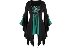 Aniywn Plus Size Womens Halloween Tops, Flare Long Sleeve Sequined Lace Up Gothic Costume Tunic Tee Shirt
