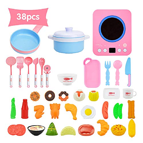 Kids Kitchen Pretend Play Accessories Toys,MOICO 38pcs Pretend Toy Kitchen Cookware Playset Pots and Pans Cooker with Light Sound,Cooking Utensils, Food Play Set for Toddlers Girls Boy Birthday Gifts