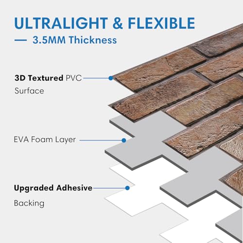 COMSTICKC 3D Bricks Wall Stickers, 10 Pieces, 30 x 40 cm, High Quality PVC Wall Stickers Panels for 3D Stone, Decorative Panels for Living Room, Bathroom, Kitchen