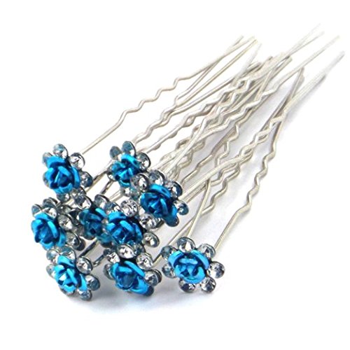 5starwarehouse® 10x Bridal Wedding Prom Silver Crystal Diamante Rose Flower Hair Pins Clips Grips (Aquamarine)
