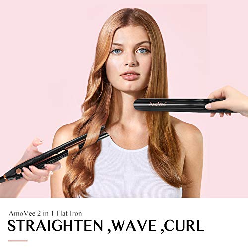 AmoVee Pro Hair Straightener 2 in 1 Flat Iron Curling Iron with Adjustable Temperature for All Hair Types, 1 Inch, Comes with Hair Comb & Clips