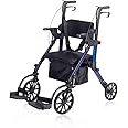Elenker 2 in 1 Rollator Walker & Transport Chair, Folding Wheelchair Rolling Mobility Walking Aid with Seat Belt, Padded Seat and Detachable Footrests for Adult, Seniors (Blue)