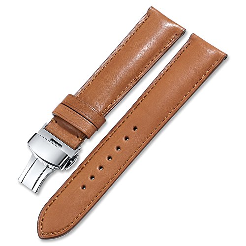 iStrap 20mm Calf Leather Strap Quick Release Watch Band Button Deployant Clasp Replacement Brown 20