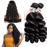 Suerkeep Loose Wave Virgin Hair Bundles Brazilian Human Hair Weave Remy Hair Bundles Loose Wave Brazilian Human Hair Extensions(12 14 16, Jet Black Color)