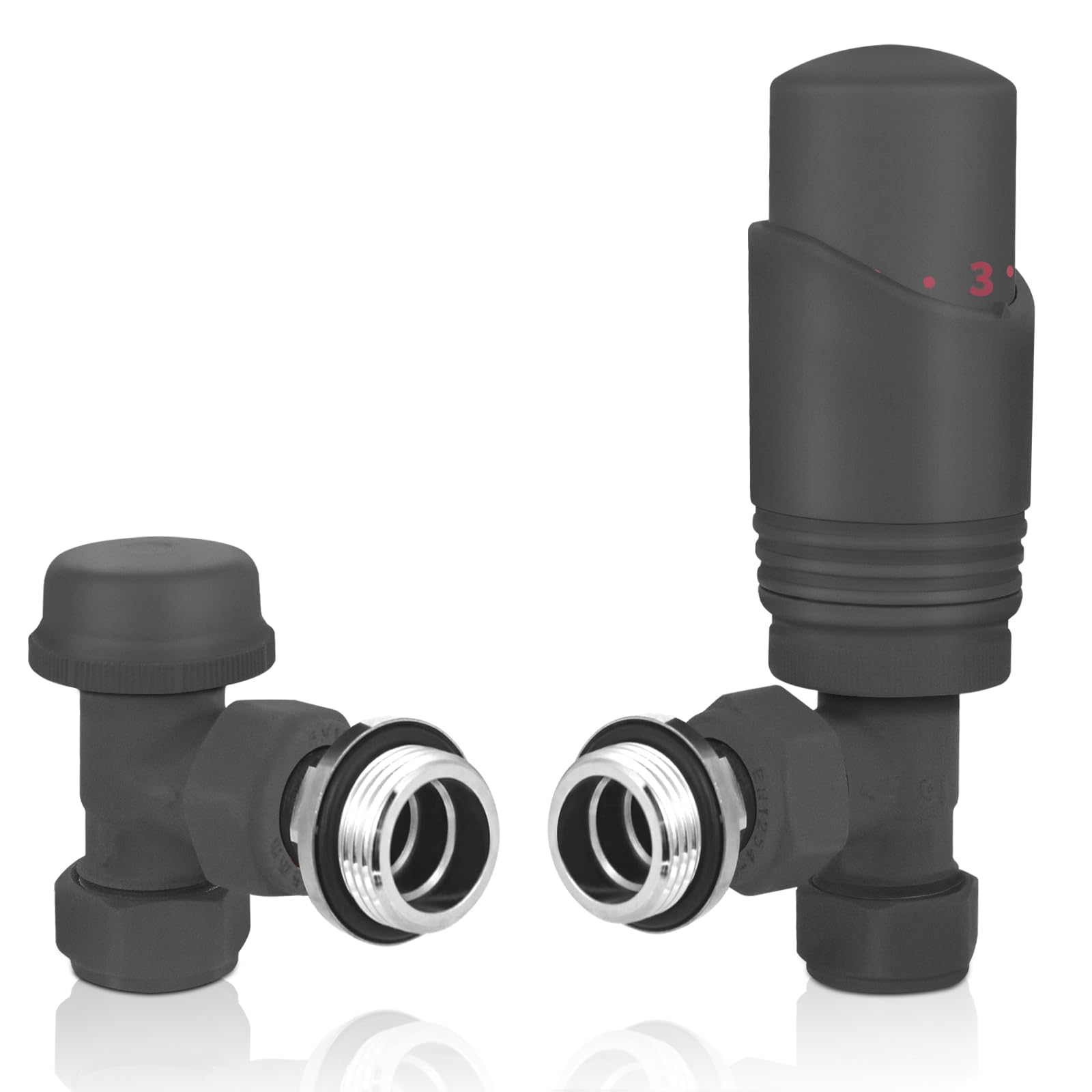 SVNR Thermostatic Radiator Valves (TRV), Textured Anthracite Grey, Angled Lockshield Valve, 15mm, for Central Heating Radiators, Towel Rails,Leak-Proof Design.