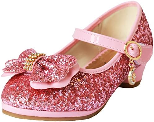 Adingshine Girls Mid Heels Glitter Sandals Mary Jane Dress Pumps with Buckle Strap(5M US Big Kid Pink)