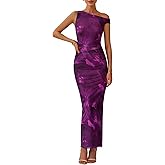 PRETTYGARDEN Women's 2026 Summer Floral One Shoulder Maxi Dress Wedding Guest Ruched Mesh Bodycon Long Cocktail Dresses
