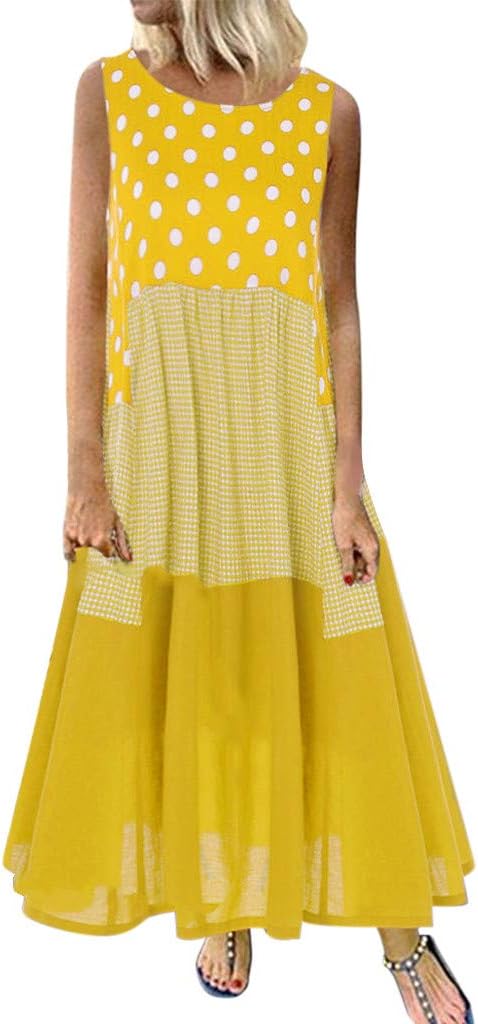 Kelry Womens Casual Loose Sleeveless Sundress O-Neck A-line Beach Summer Swing Tank Tunic Dress Plus Size Vintage Floral Printed Long Maxi Cotton Linen Dresses (S-5XL)