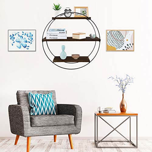 Floating Wall Shelves, Befayoo Rustic Decor Geometric Wood Shelf for Bedroom, Living Room, Bathroom, Kitchen, Office (Round, Retro Brown)