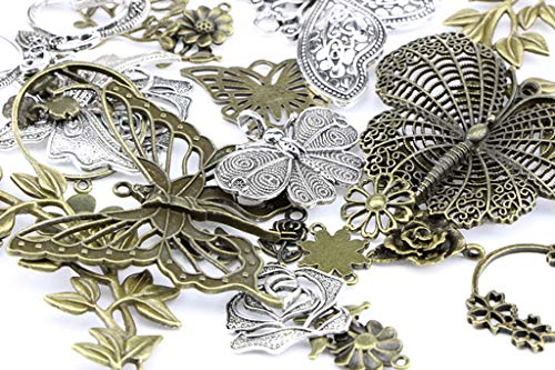 Kinteshun Butterfly Flower Leaf Charm Pendant for DIY Jewelry Making Accessaries(29pcs,Silver&Bronze Tones)