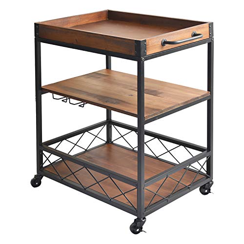 charaHOME Solid Wood Kitchen Serving Carts Rolling Bar Cart with 3 Tier Storage Shelves Kitchen Island Cart with Wine Glass Holder,Handle Racks,Lockable Caster Liquor Cart Removable Top Box Container