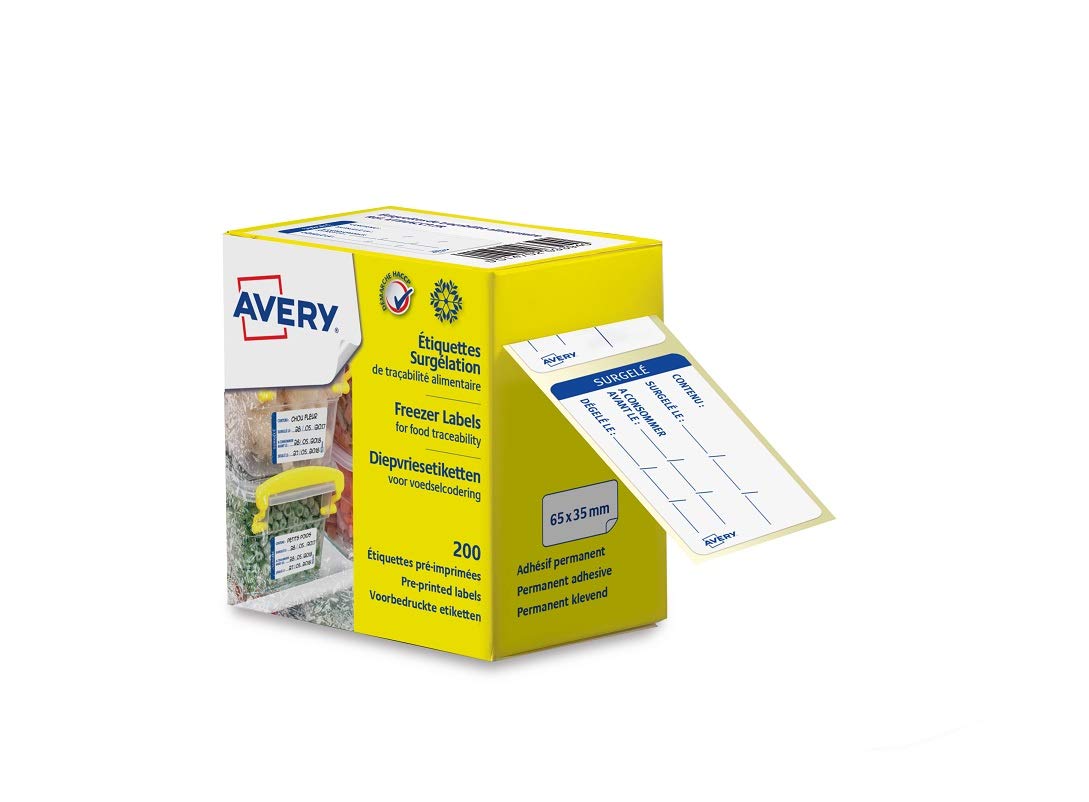 AVERY - Roll of 200 pre-Printed Food Safe Freezer Labels for Restaurants or Homes - 65 x 35 mm