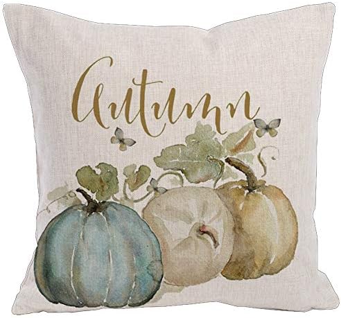 KACOPOL Watercolor Autumn Pumpkin Throw Pillow Covers Cotton Linen Pillowcase Cushion Cover Autumn Halloween Thanksgiving Home Office Decorative Square 18" X 18" (Autumn & Pumpkin)