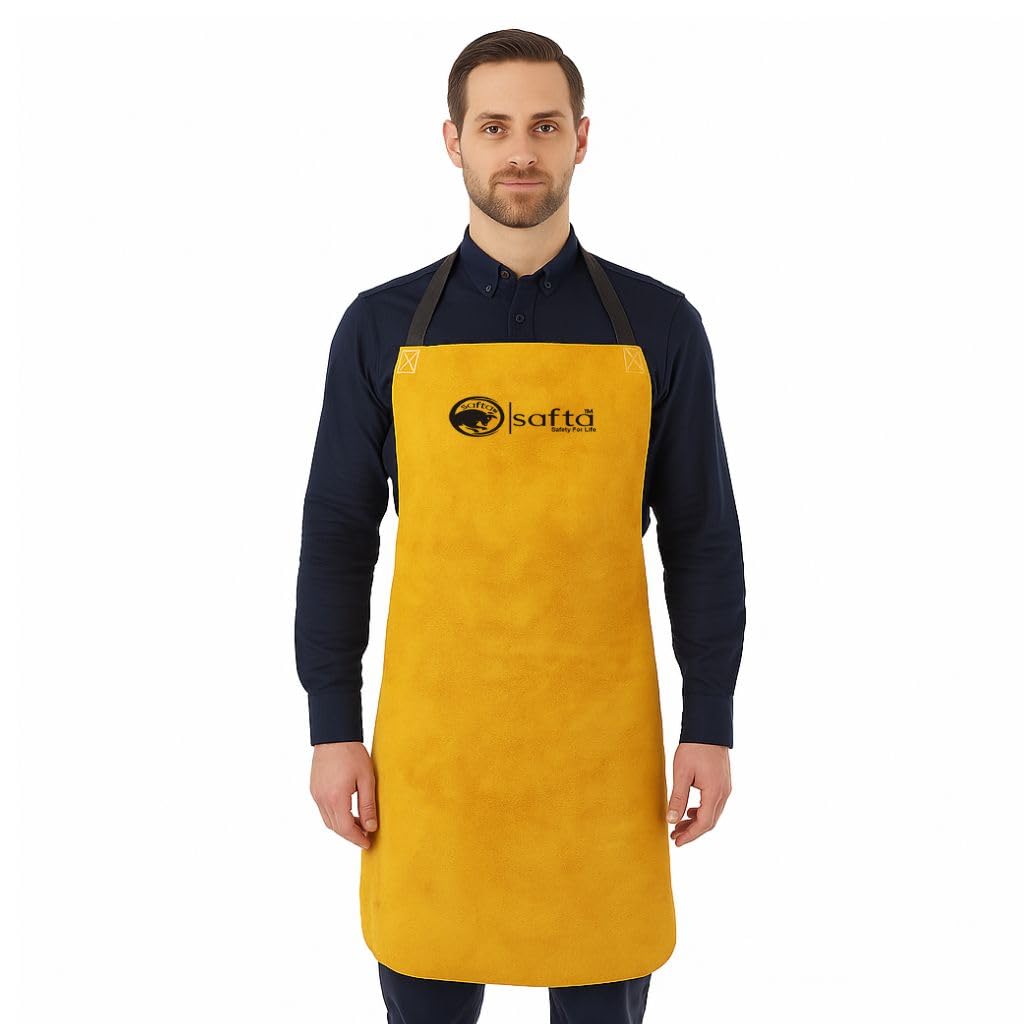 SAFTA Premium Leather Welding Apron Cow Split Yellow Heat & Flame Resistant Heavy Duty Protective Work Apron for BBQ Blacksmith Metal Fabrication Workshop