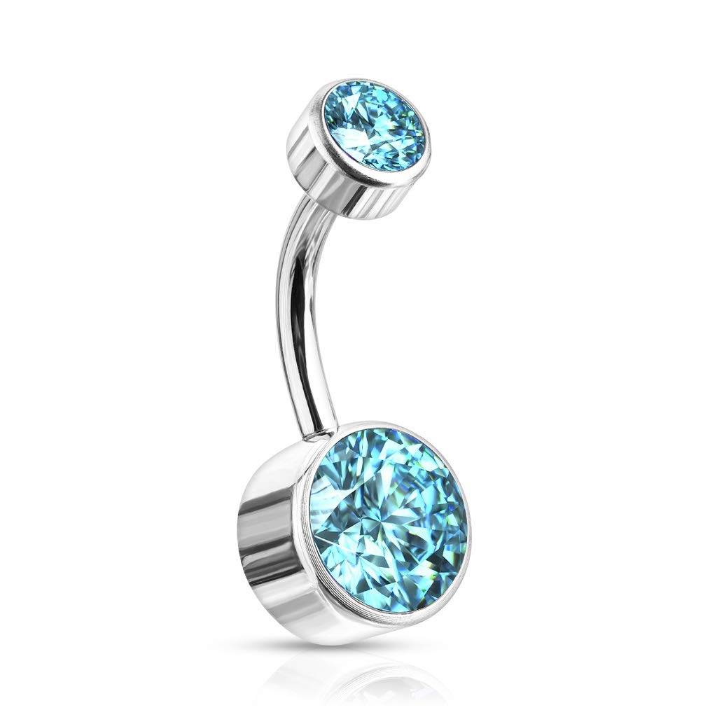 PiercedOff Titanium Belly Bar with Internally Threaded Round Aqua Crystal - Thickness 14GA (1.6mm) / Length 10mm / Ball Sizes 5mm Top and 8mm Bottom