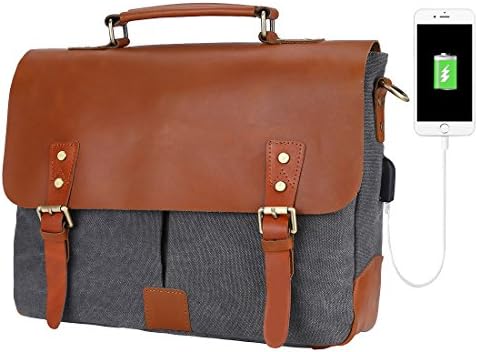 Men Briefcase Genuine Leather Canvas Satchel Messenger Bag Fit for 14 inch Laptop Shoulder Bag Gray