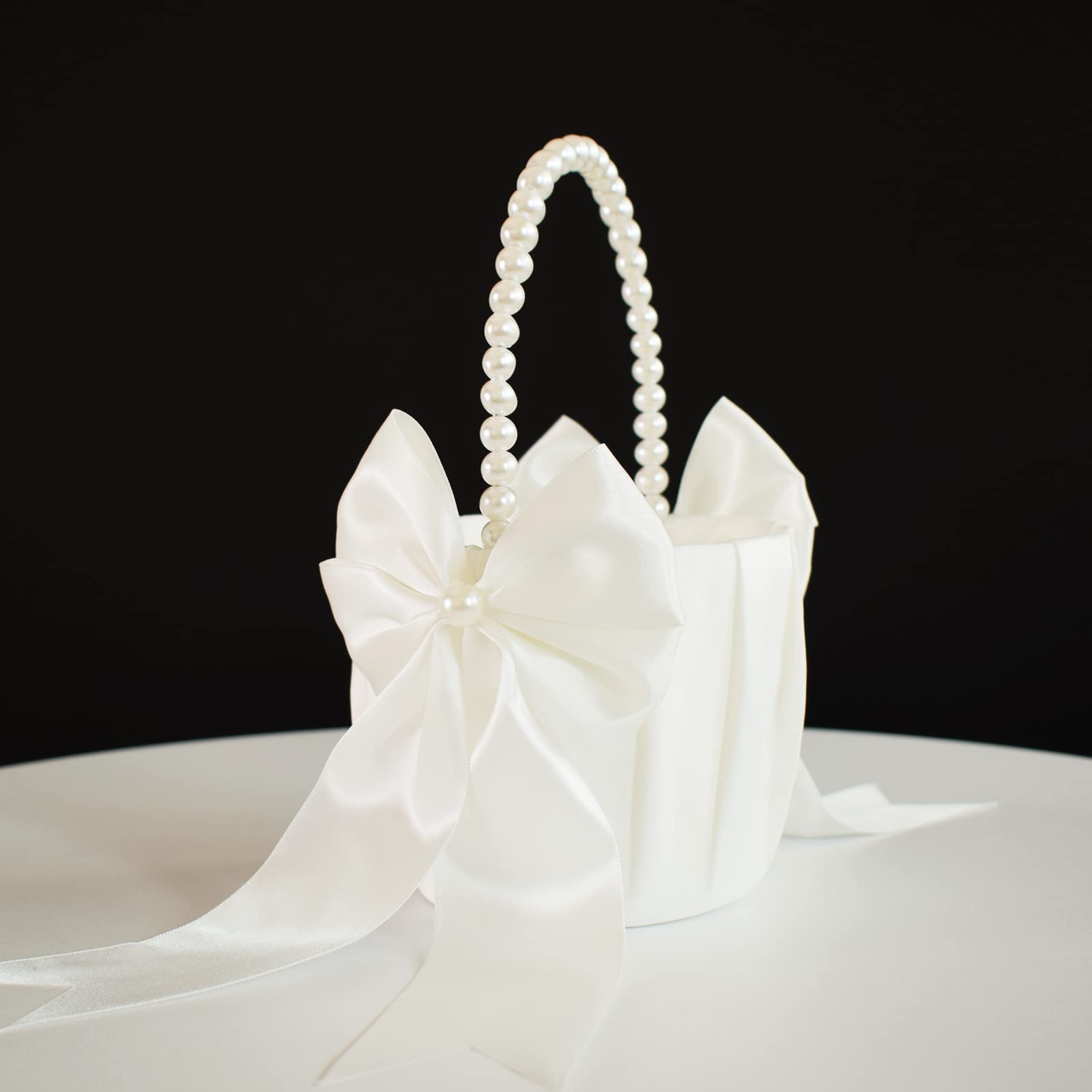 Photo 1 of ATAILOVE Flower Girl Basket with Pearl Handle, Ivory Fariy Wedding Baskets for Flower Girls