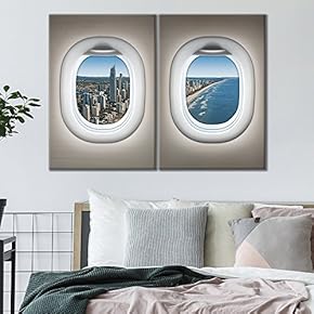 2 Panel Canvas Wall Art - White Plane Window Looking at a City by The Ocean - Giclee Print Gallery Wrap Modern Home Art Ready to Hang - 16"x24" x 2 Panels