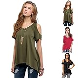 YANG-YI Sexy Women Casual V-Neck Off Shoulder T-Shirt Short Sleeve Solid Fashion Stretch T-Shirt