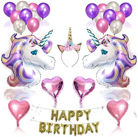 Unicorn Party Supplies and Decorations for Girl’s Birthday Party - Unicorn Headband, Unicorn Balloons, Happy Birthday Banner, 27 piece Unicorn Theme Decor Pack