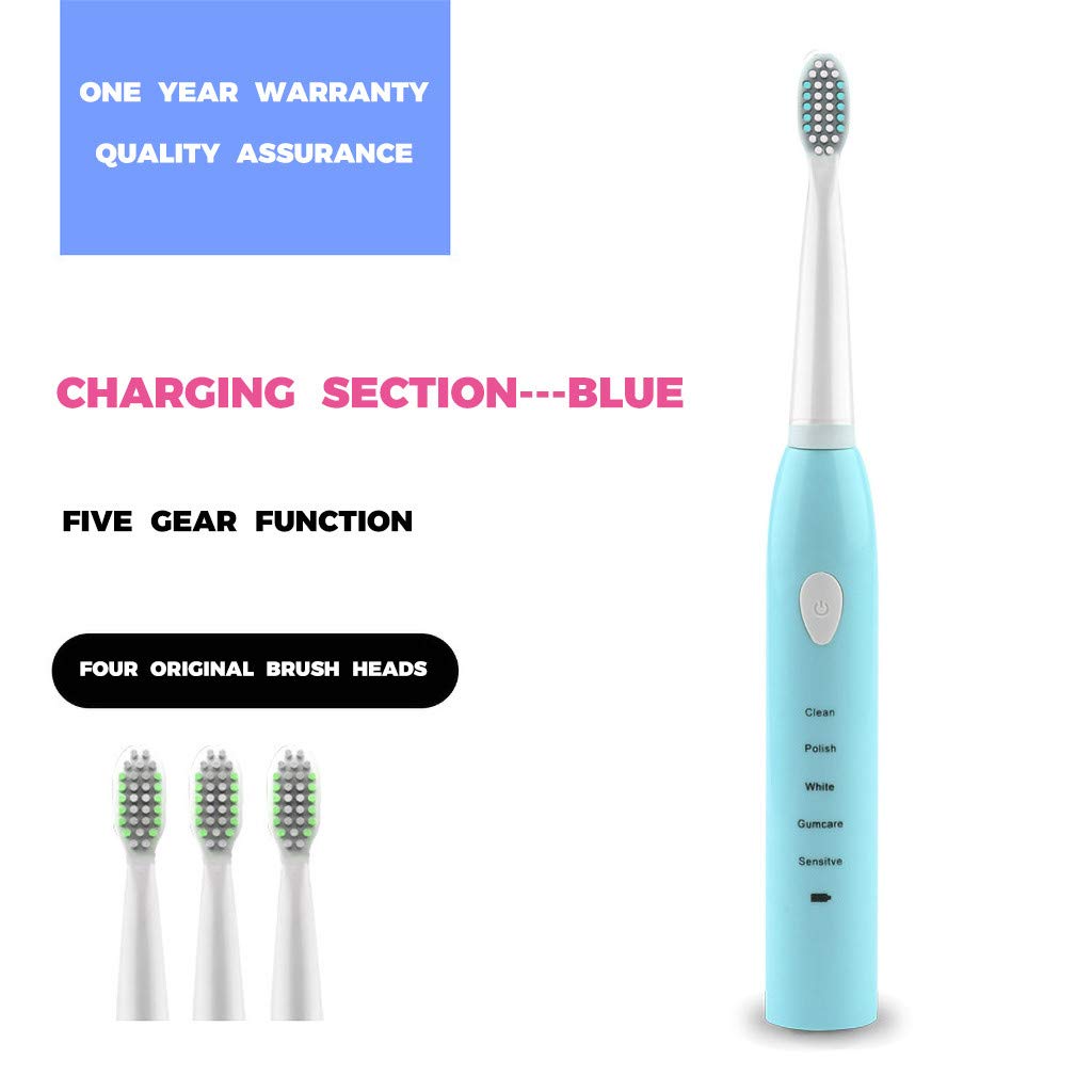 ObestChoose Electric Toothbrush, USB Rechargeable Toothbrush, Waterproof Vibration Electric Toothbrush 5 Cleaning Modes Rechargeable with 3 Replacement Brush Heads