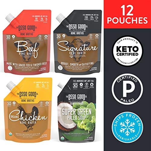Osso Good - Keto Kit, High in Protein & Collagen, Gluten Free, Paleo Certified & Whole30 Approved (12 Pack) - Beef, Chicken, Signature Bone Broths + Super Green Paleo Soup (Packaging May Vary)