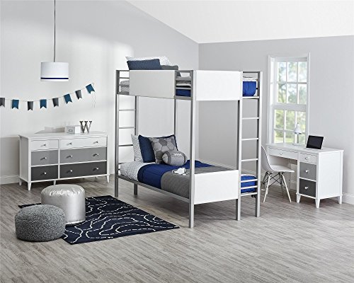 Little Seeds Monarch Hill Raven Bunk Bed Metal Frame, Twin-Over-Twin - Silver with White Faux Leather