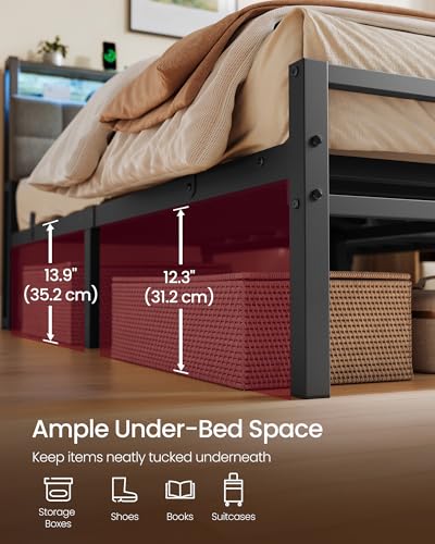 VASAGLE Queen Bed Frame with LED Lights and Charging Station, Metal Platform Bed Frame with Storage Upholstered Headboard, Noise-Free, No Box Spring Needed, Industrial, Ink Black URMB461G201