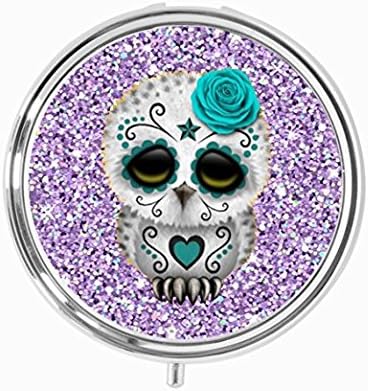Shiny Purple Glitter with Sugar Skull Owl Custom Round Pill Box Tablet Medicine Pocket Purse Travel Pill Vitamin Decorative Box Case Holder