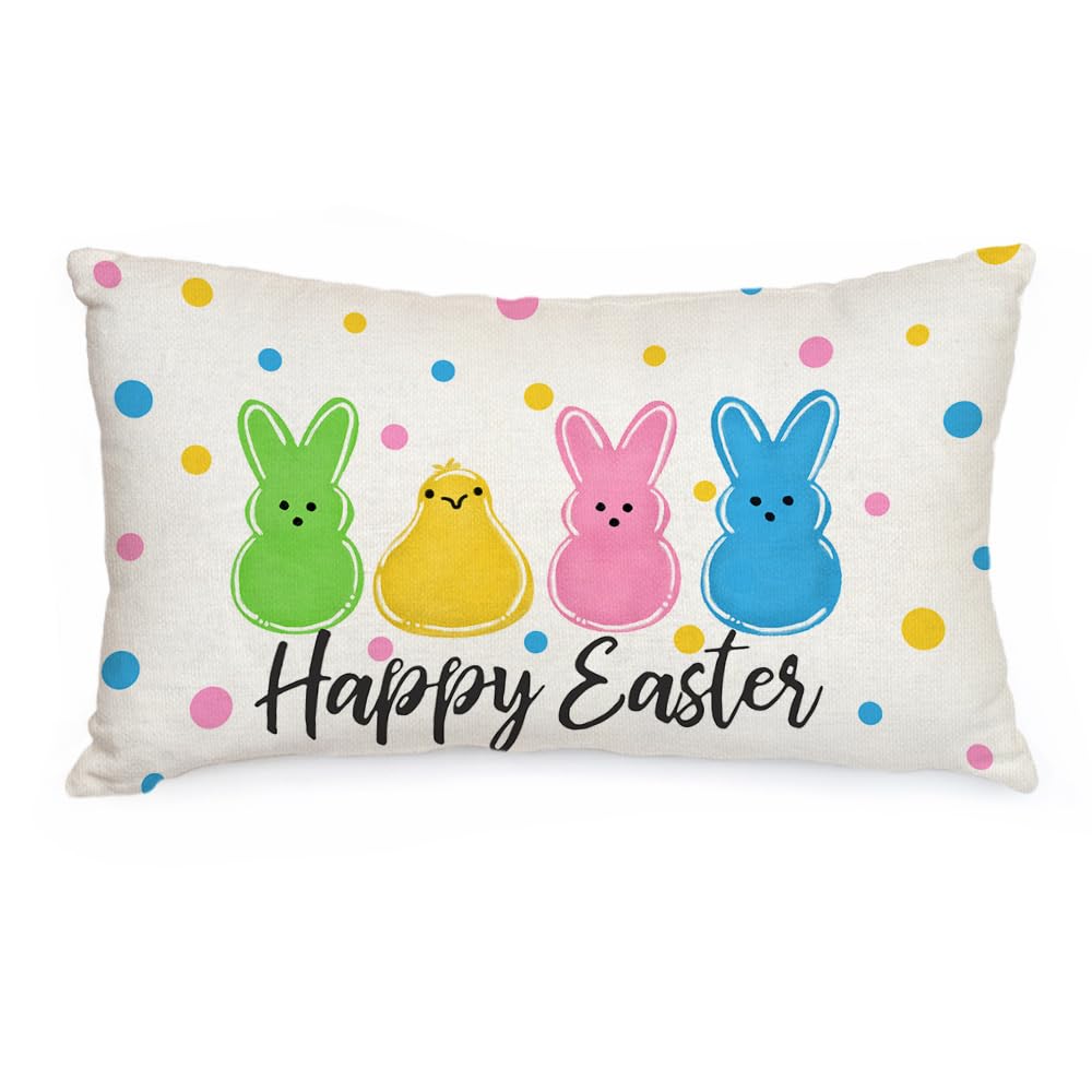 AACORS Easter Pillow Cover 12X20 Inch Polka Dots Colorful Bunnies Chick Decorations Holiday Farmhouse Decorative Spring Pillow Case for Home Sofa Couch AA112-12