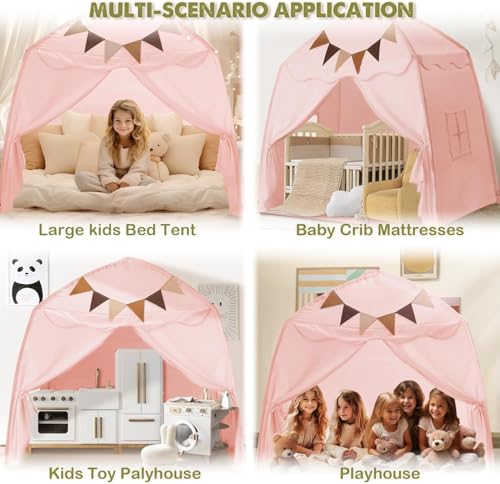 Last Page® Extra Large Toddler Bed Tent & Kids Play Tent Bed Tent with Flags & Star Lights, Portable & Foldable Teepee, Indoor Outdoor Dome Tent Playhouse,Pink