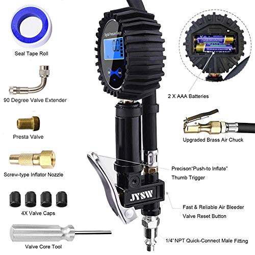 JYSW Digital Tire Inflator Pressure Gauge, 200PSI Heavy Duty Air Chuck and Compressor Accessories with Rubber Hose and Quick Connect Plug for Auto, Truck, Bike, Motorcycle, Backlit LCD 0.1 Accuracy