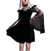 LANSHULAN Gothic Lightweight Contrast Lace Split Sleeve Cold Shoulder Mesh Dress Clothes