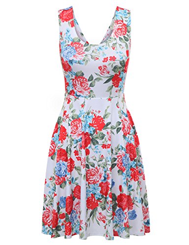 FSOOG Womens Open Back Casual Fit and Flare Floral Sleeveless Dress (M, Red Rose-WHITE)