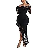 Women Elegant Floral Lace Off Shoulder Long Sleeve Evening Gown Party Cocktail Bodycon Dress