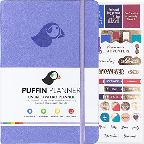 Puffin Planner - Compact Weekly & Monthly Goal Planner & Organizer Journal to Improve Time Management and Productivity. B5 Size, Undated - Start Anytime, Lasts 1 Year + Bonus Stickers (Lavender)