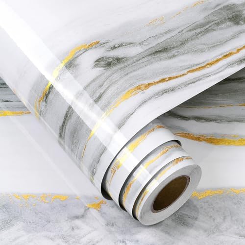 Photo 1 of FunStick Gold White Marble Countertop Contact Paper Waterproof Marble Contact Paper for Countertops Cabinets Removable Marble Wallpaper Peel and Stick Countertops for Kitchen Bathroom Table 15.8"x80"