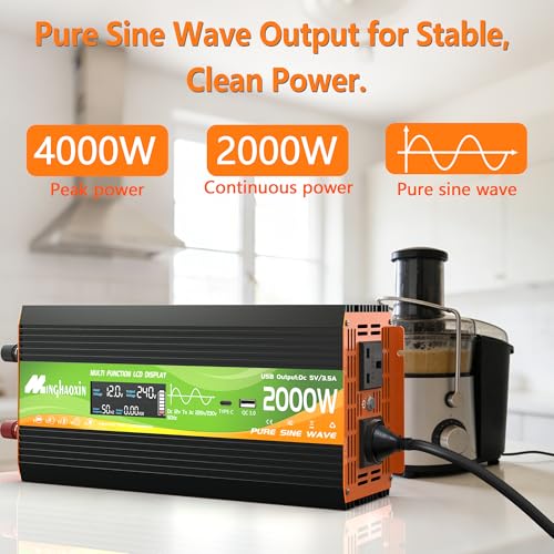 2000W Pure Sine Wave Inverter 12v To 240v Car Inverter 4000W Peak With 2 Uk Sockets, 30W USB-C, 5V 3.1A USB, LCD Display And Remote Controller For Motorhomes,Camping, Household Use And Vans