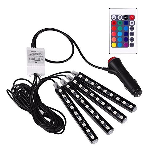 XY ZONE Car Interior Light, 4-Pcs 36 LEDs Car Interior Underdash Lighting Kit, RGB Neon Strip Lights Auto Floor Atmosphere Lights With Wireless Remote Control and Car Charger