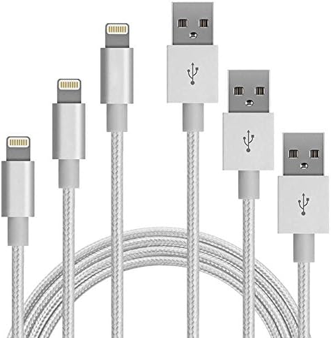 Phone Charger 3Pack iPhone Charger Cable Cord Lightning to USB Nylon Braided with Aluminum Connector 3Pack 3FT 6FT 10FT for iPhone 7/7 Plus/6s/6s Plus/6/6Plus/5s/5c/5, iPad/iPod Models-Silver