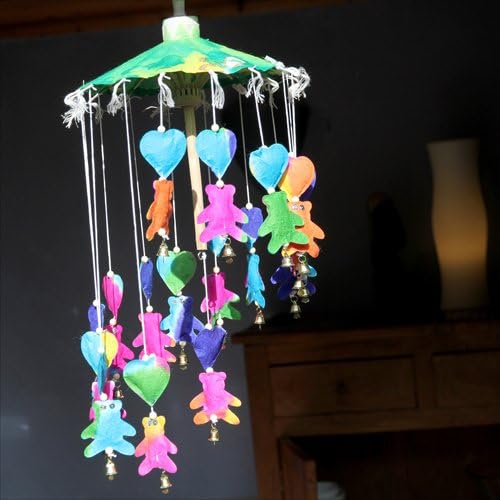 Handmade Colourful Rainbow Childrens Nursery Hearts and Teddies Paper Mobile with Bells