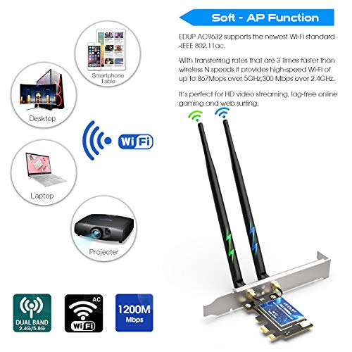 image for EDUP PCIE Wireless WiFi Network Card AC1200Mbps Bluetooth 4.2 Adapter 