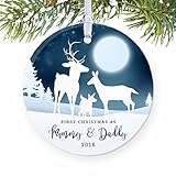 1st Christmas as Mommy & Daddy 2017, New Parents Ornament, Deer Family Porcelain Ornament, 3