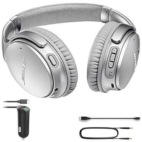 Bose QuietComfort 35 (Series II) Bluetooth Wireless Noise Cancelling Headphones - Silver & Car Charger - Bundle