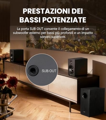 Diffusori da scaffale M90, scrivania 100 W RMS, audio alta risoluzione, LDAC, Bluetooth 6.0, ingressi HDMI eARC/ottico/USB-C/AUX, amplificati con uscita SUB OUT, telecomando per TV/PC-Nero